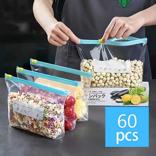 60pcs Zipper Storage Bags in 3 Sizes, Food Sorting and Storage Bags, Food Fresh-Keeping Sealed Bags, Suitable for Fruits, Grains, Vegetables, and Meat, Kitchen Storage and Organization, Kitchen Accessories